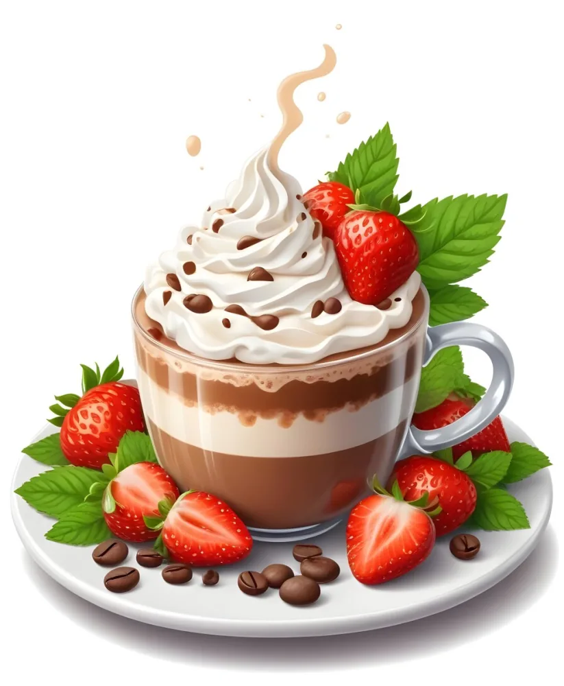 A Cup Of Hot Chocolate Topped With Whipped Cream And Fresh Strawberries Surrounded By More Strawberries And Mint Leaves 88 4d93