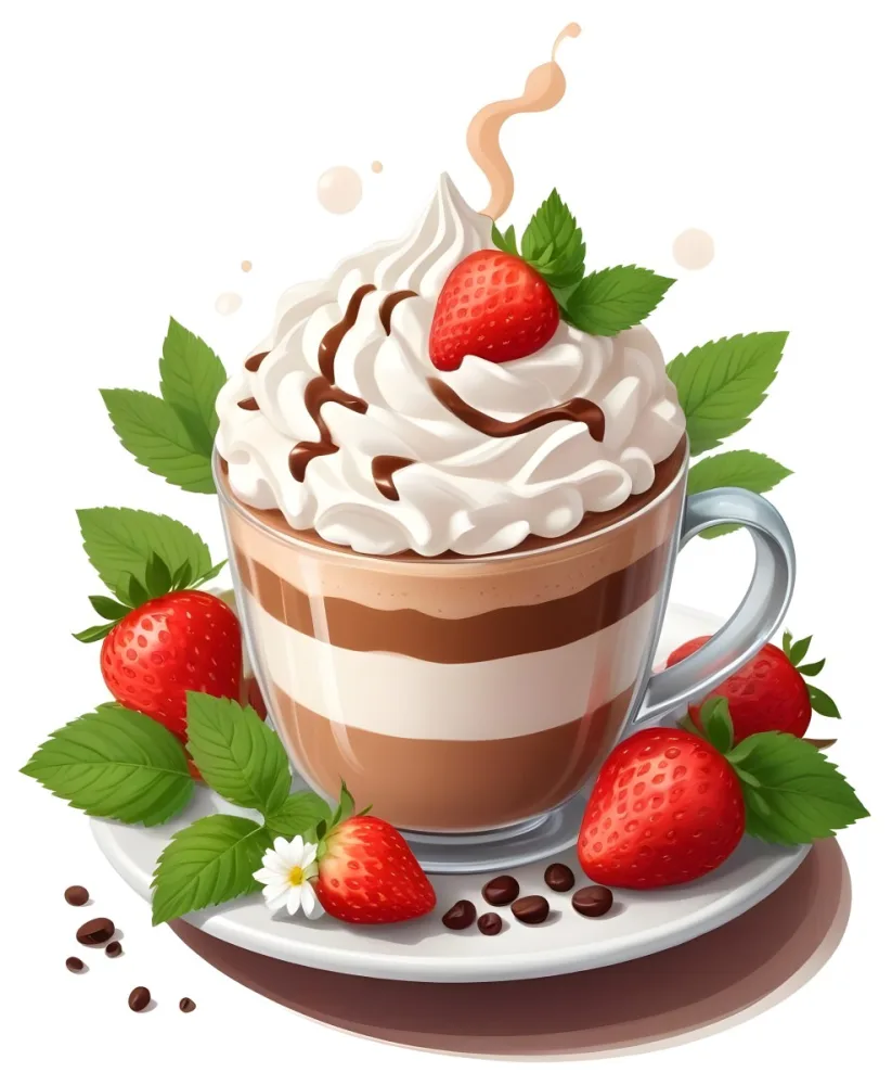 A Cup Of Hot Chocolate Topped With Whipped Cream And Fresh Strawberries Surrounded By More Strawberries And Mint Leaves 89 B500