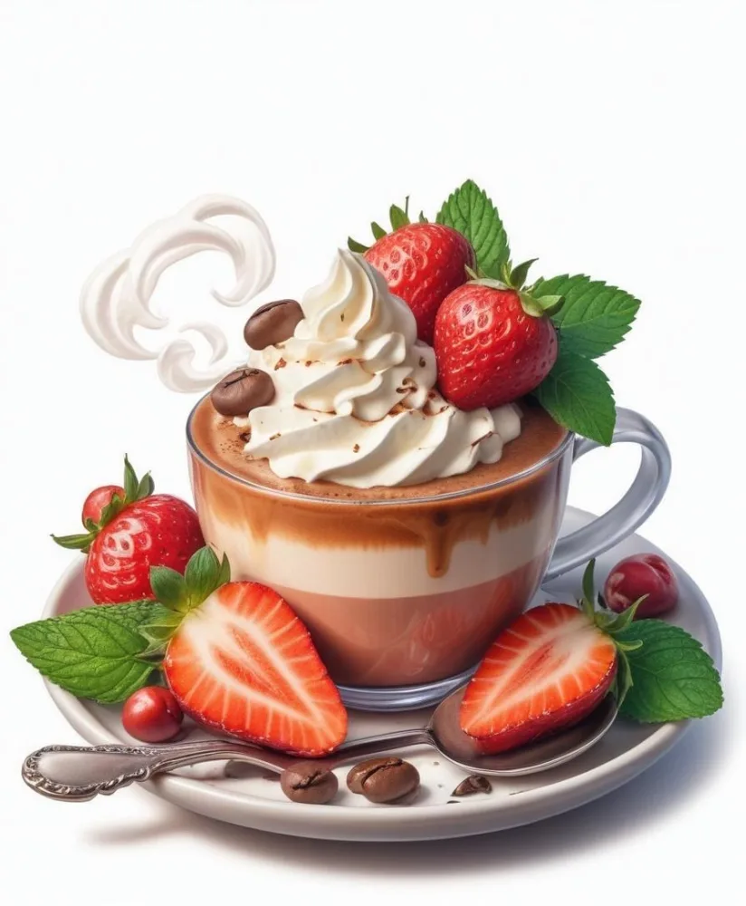 A Cup Of Hot Chocolate Topped With Whipped Cream And Fresh Strawberries Surrounded By More Strawberries And Mint Leaves 9 8b27