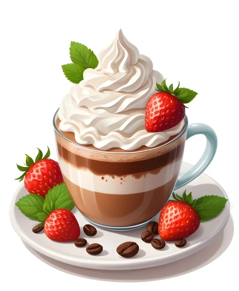 A Cup Of Hot Chocolate Topped With Whipped Cream And Fresh Strawberries Surrounded By More Strawberries And Mint Leaves 93 6b78
