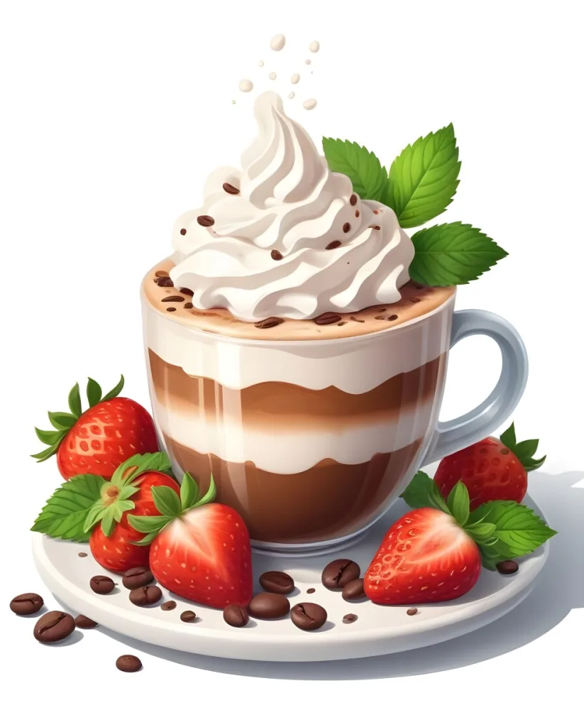 A Cup Of Hot Chocolate Topped With Whipped Cream And Fresh Strawberries Surrounded By More Strawberries And Mint Leaves 95 45a2