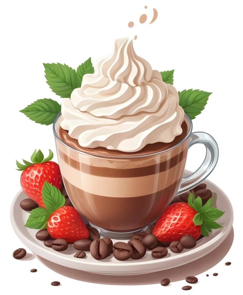 A Cup Of Hot Chocolate Topped With Whipped Cream And Fresh Strawberries Surrounded By More Strawberries And Mint Leaves 96 78dc