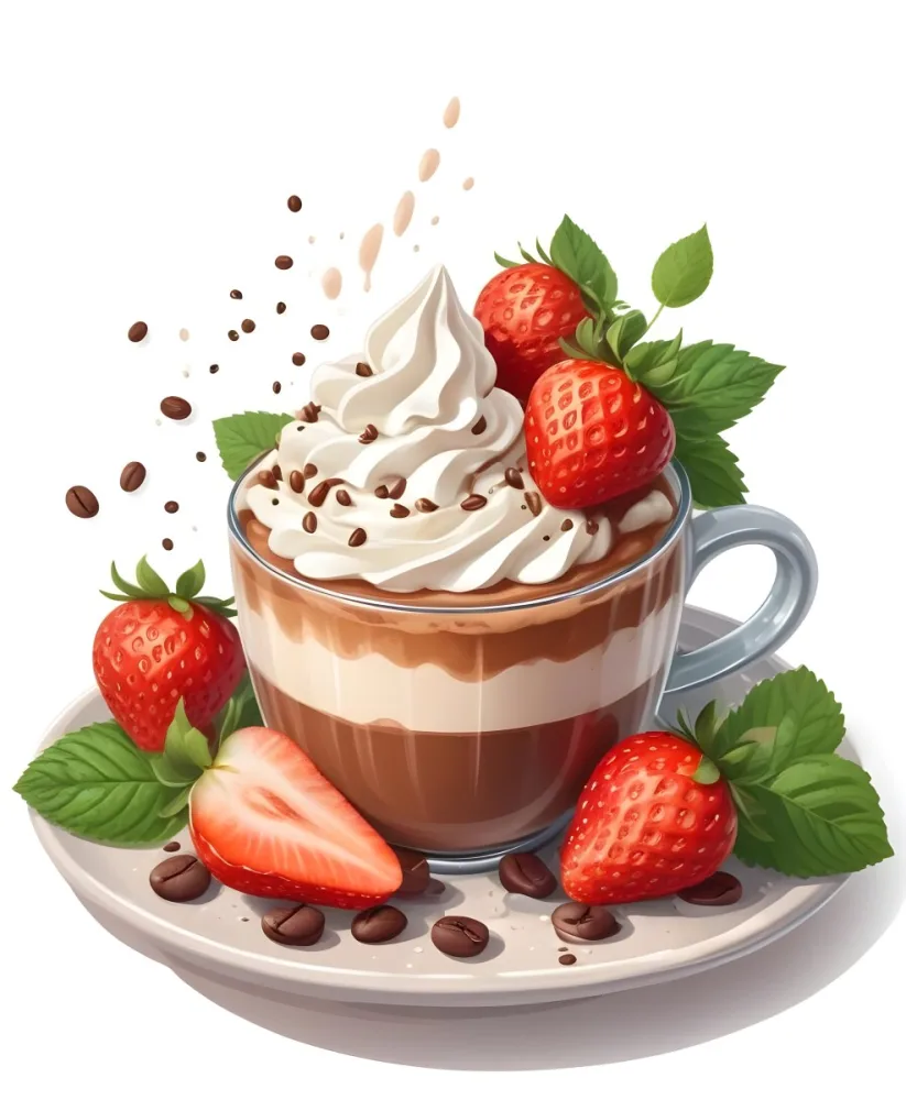 A Cup Of Hot Chocolate Topped With Whipped Cream And Fresh Strawberries Surrounded By More Strawberries And Mint Leaves 97 0e09