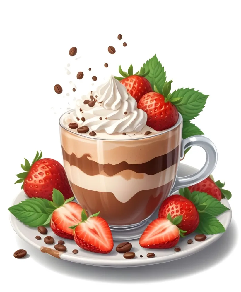 A Cup Of Hot Chocolate Topped With Whipped Cream And Fresh Strawberries Surrounded By More Strawberries And Mint Leaves 98 4648
