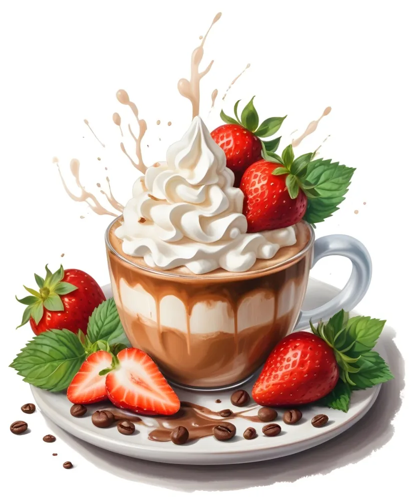 A Cup Of Hot Chocolate Topped With Whipped Cream And Fresh Strawberries Surrounded By More Strawberries And Mint Leaves 99 63cd