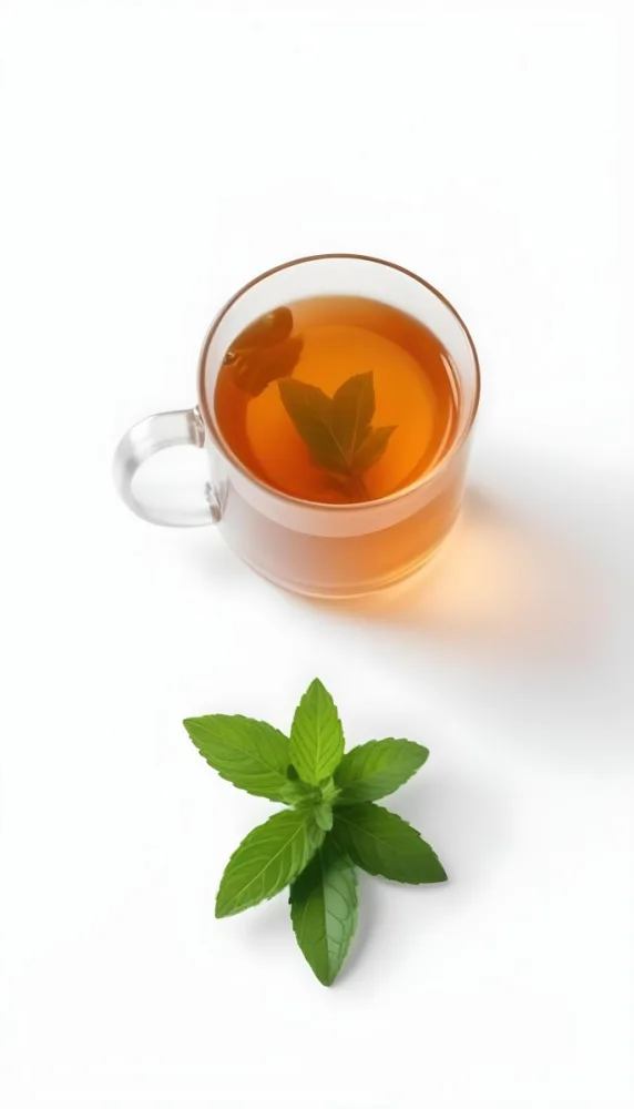 A Cup Of Tea With A Mint Leaf Inside Another Mint Leaf Outside The Cup White Background 10 3c19