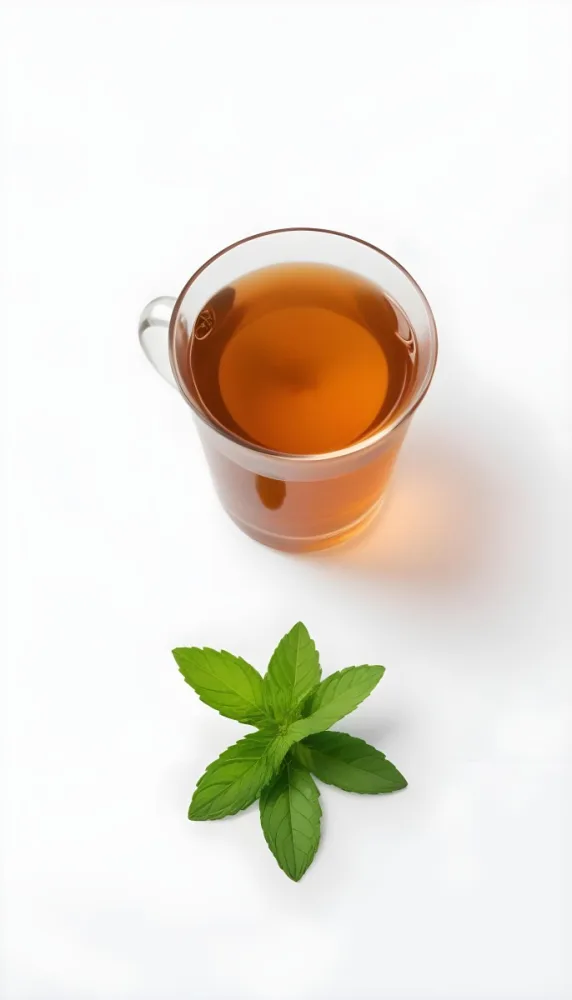 A Cup Of Tea With A Mint Leaf Inside Another Mint Leaf Outside The Cup White Background 14 493e