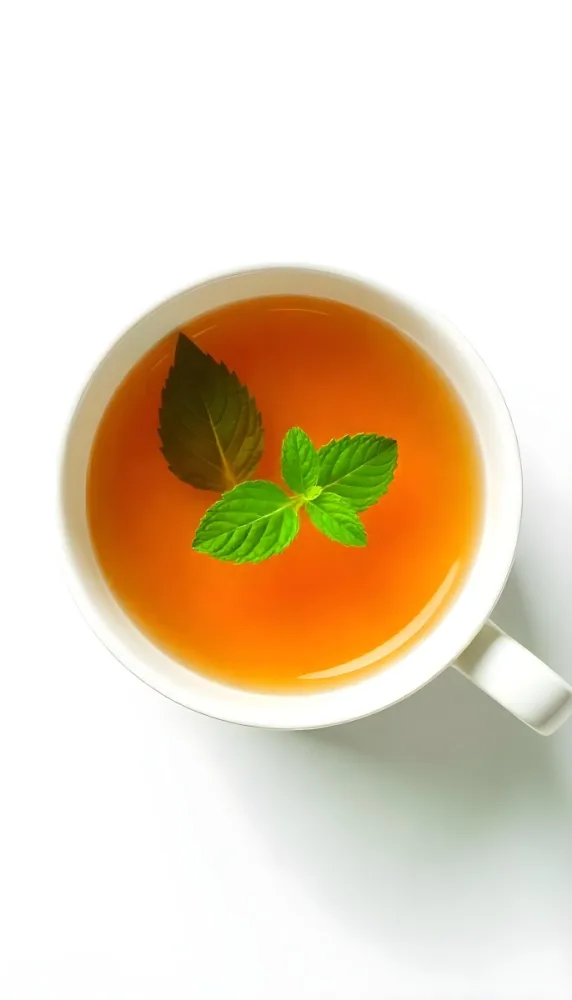 A Cup Of Tea With A Mint Leaf Inside Another Mint Leaf Outside The Cup White Background 16 0233