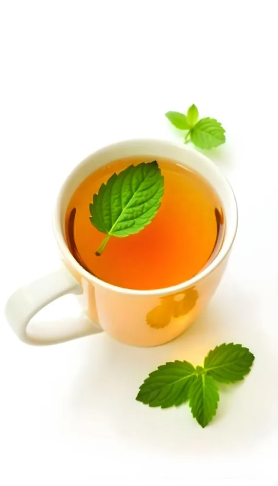 A Cup Of Tea With A Mint Leaf Inside Another Mint Leaf Outside The Cup White Background 3 5950