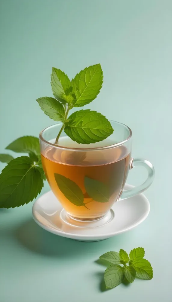 A Cup Of Tea With A Mint Leaf Inside Another Mint Leaf Outside The Cup White Background 34 784a