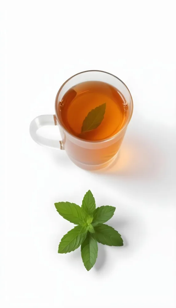 A Cup Of Tea With A Mint Leaf Inside Another Mint Leaf Outside The Cup White Background 5 A9f5