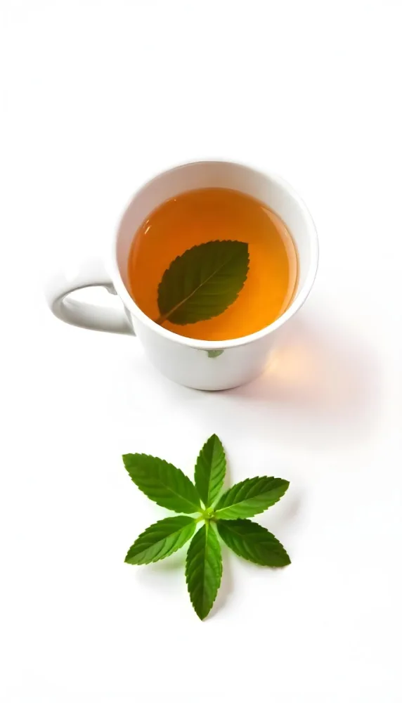 A Cup Of Tea With A Mint Leaf Inside Another Mint Leaf Outside The Cup White Background 6 64bd