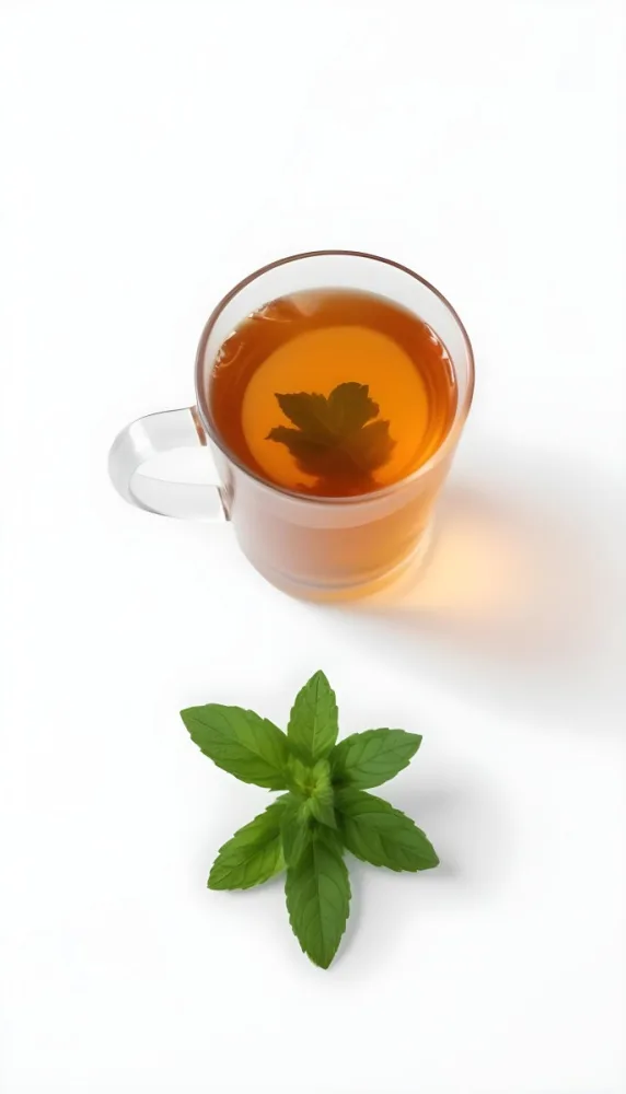 A Cup Of Tea With A Mint Leaf Inside Another Mint Leaf Outside The Cup White Background 6 925b