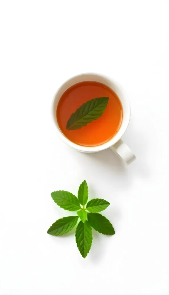 A Cup Of Tea With A Mint Leaf Inside Another Mint Leaf Outside The Cup White Background 7 656f
