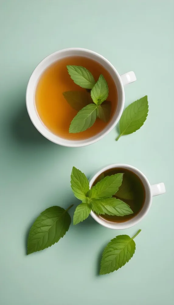 A Cup Of Tea With A Mint Leaf Inside Another Mint Leaf Outside The Cup White Background 7 8382