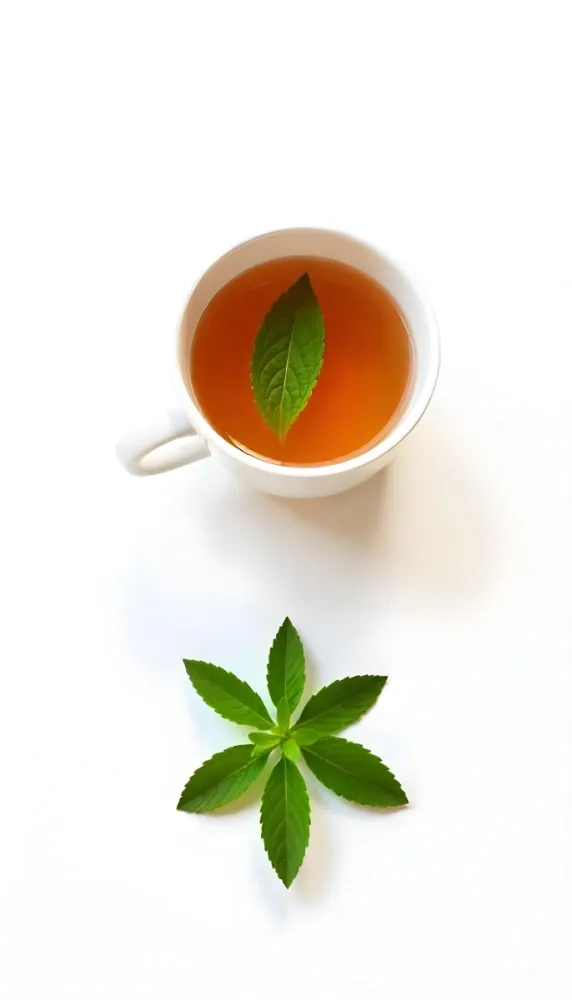 A Cup Of Tea With A Mint Leaf Inside Another Mint Leaf Outside The Cup White Background 8 22a6