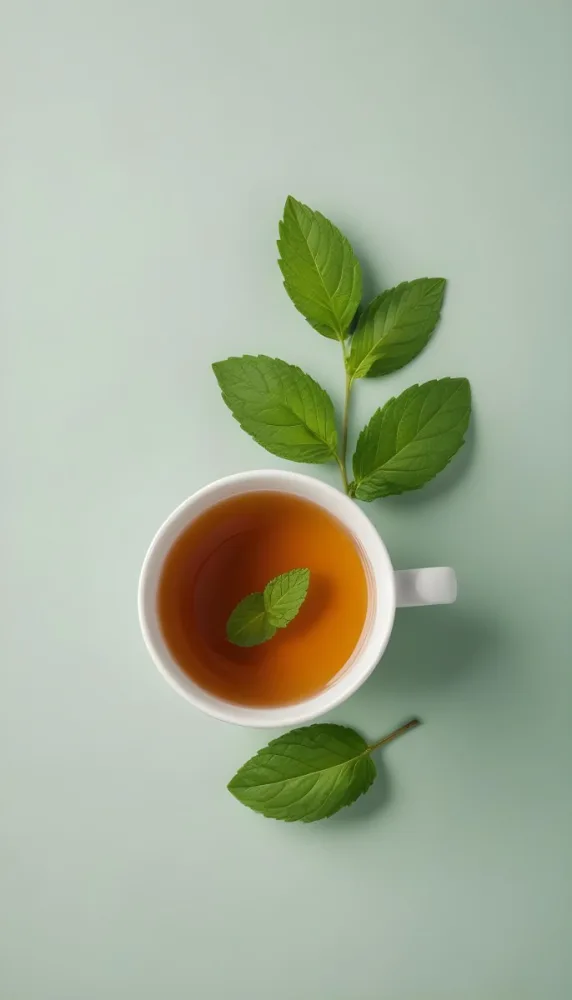 A Cup Of Tea With A Mint Leaf Inside Another Mint Leaf Outside The Cup White Background 9 4d87
