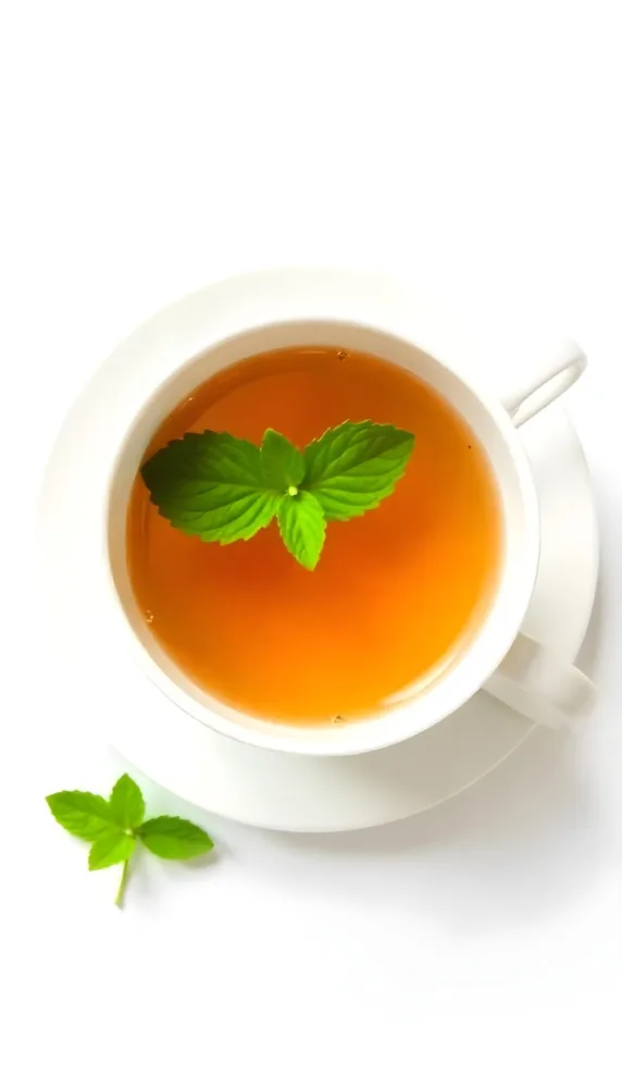 A Cup Of Tea With A Mint Leaf Inside Another Mint Leaf Outside The Cup White Background 9 6911