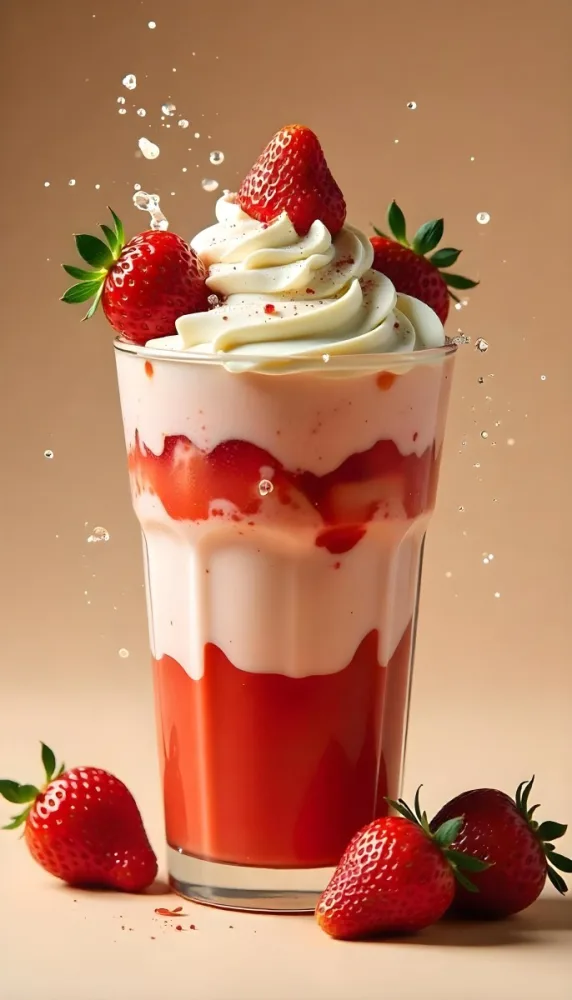 A Cup Of Water With Whipped Cream And Strawberries Water Splash Beige Background Studio Shot Product Photography High Resolution Hyper Detailed 8k 6 Fbfc