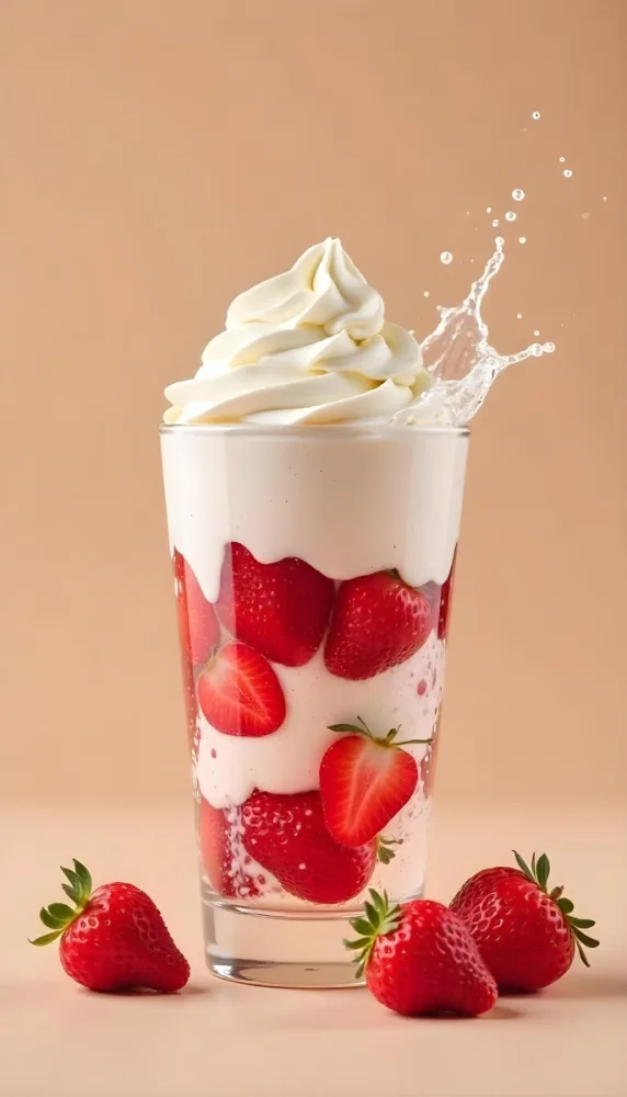 A Cup Of Water With Whipped Cream And Strawberries Water Splash Beige Background Studio Shot Product Photography High Resolution Hyper Detailed 8k 8 A718