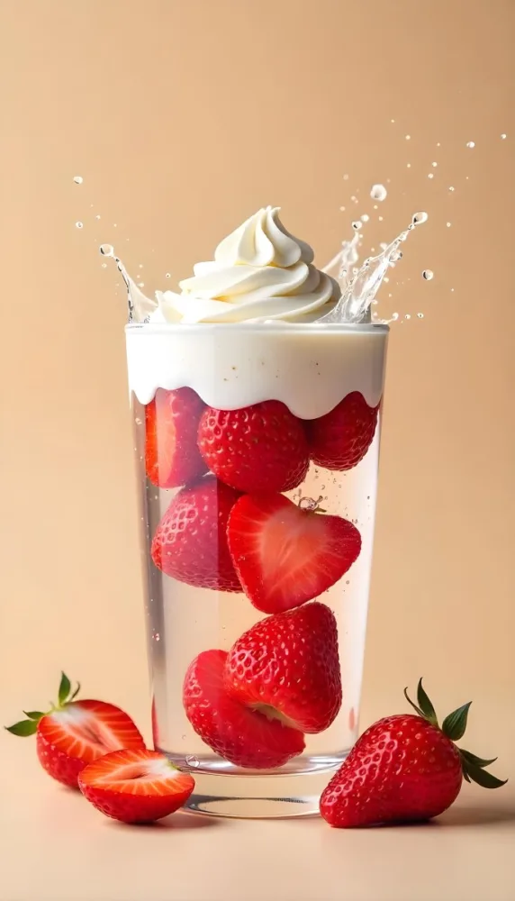 A Cup Of Water With Whipped Cream And Strawberries Water Splash Beige Background Studio Shot Product Photography High Resolution Hyper Detailed 8k 9 669b