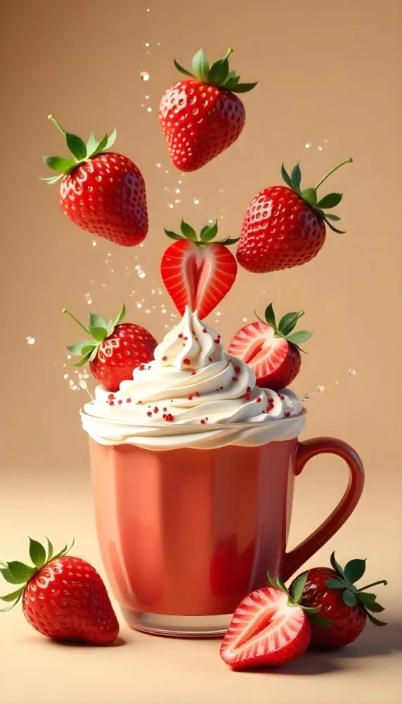 A Cup Of Water With Whipped Cream And Strawberries Water Splash Brown Background Studio Shot Food Photography High Detail Realistic Rendering Vibrant Colors Delicious Appetizing 11 D2d7