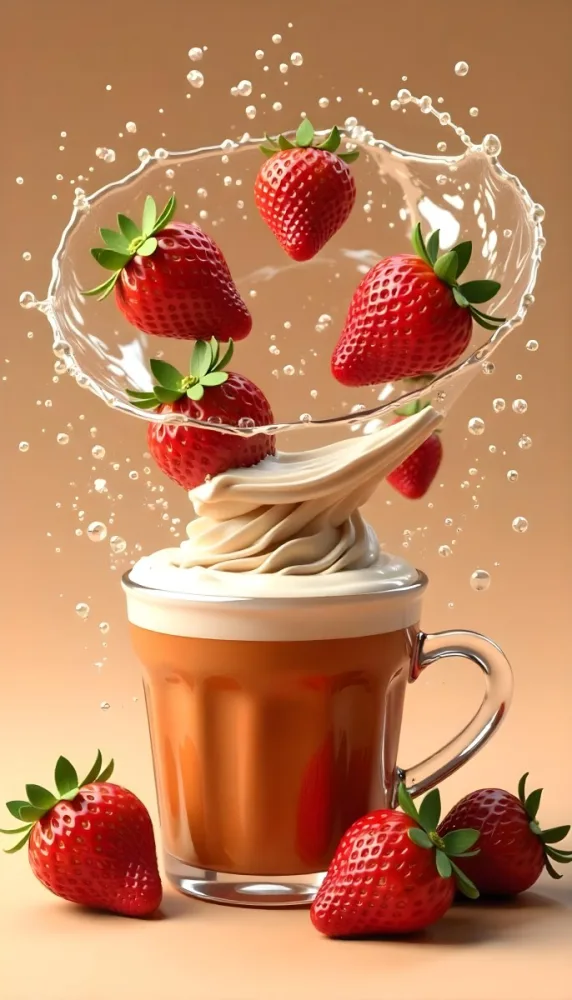 A Cup Of Water With Whipped Cream And Strawberries Water Splash Brown Background Studio Shot Food Photography High Detail Realistic Rendering Vibrant Colors Delicious Appetizing 18 9d19