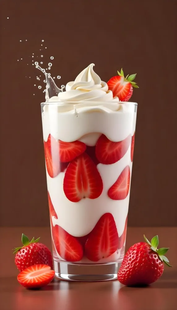 A Cup Of Water With Whipped Cream And Strawberries Water Splash Brown Background Studio Shot Food Photography High Detail Realistic Rendering Vibrant Colors Delicious Appetizing 2 67b3