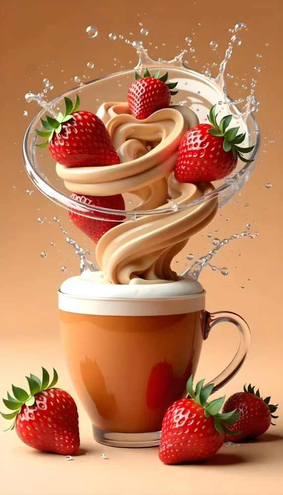 A Cup Of Water With Whipped Cream And Strawberries Water Splash Brown Background Studio Shot Food Photography High Detail Realistic Rendering Vibrant Colors Delicious Appetizing 20 56b6