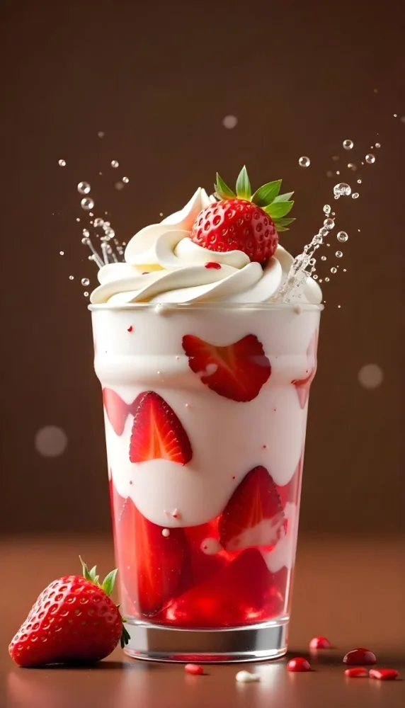 A Cup Of Water With Whipped Cream And Strawberries Water Splash Brown Background Studio Shot Food Photography High Detail Realistic Rendering Vibrant Colors Delicious Appetizing 21 F8b8