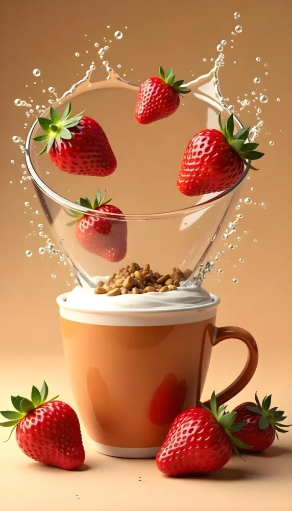 A Cup Of Water With Whipped Cream And Strawberries Water Splash Brown Background Studio Shot Food Photography High Detail Realistic Rendering Vibrant Colors Delicious Appetizing 30 1ba6