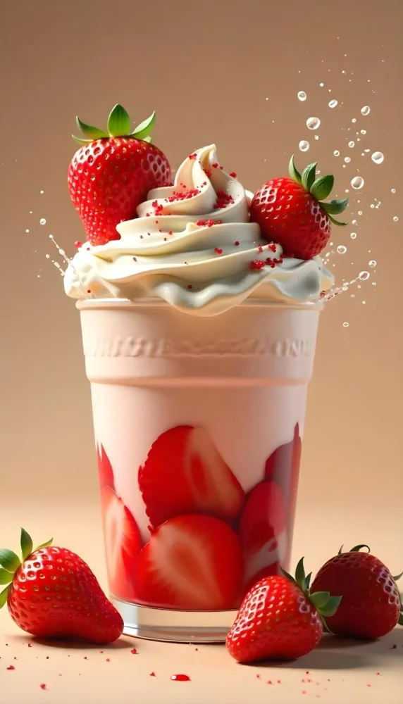 A Cup Of Water With Whipped Cream And Strawberries Water Splash Brown Background Studio Shot Food Photography High Detail Realistic Rendering Vibrant Colors Delicious Appetizing 36 8032