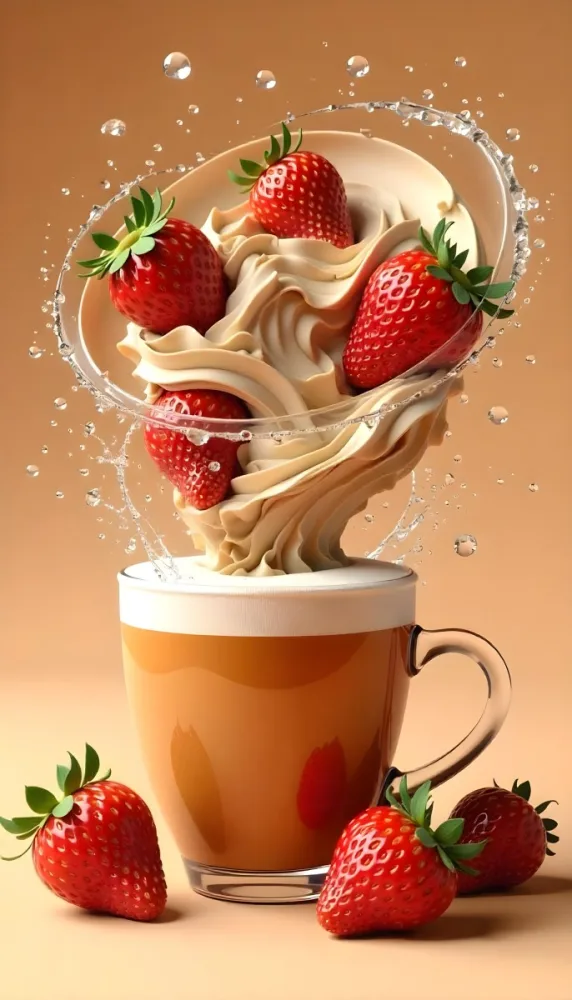 A Cup Of Water With Whipped Cream And Strawberries Water Splash Brown Background Studio Shot Food Photography High Detail Realistic Rendering Vibrant Colors Delicious Appetizing 4 7758