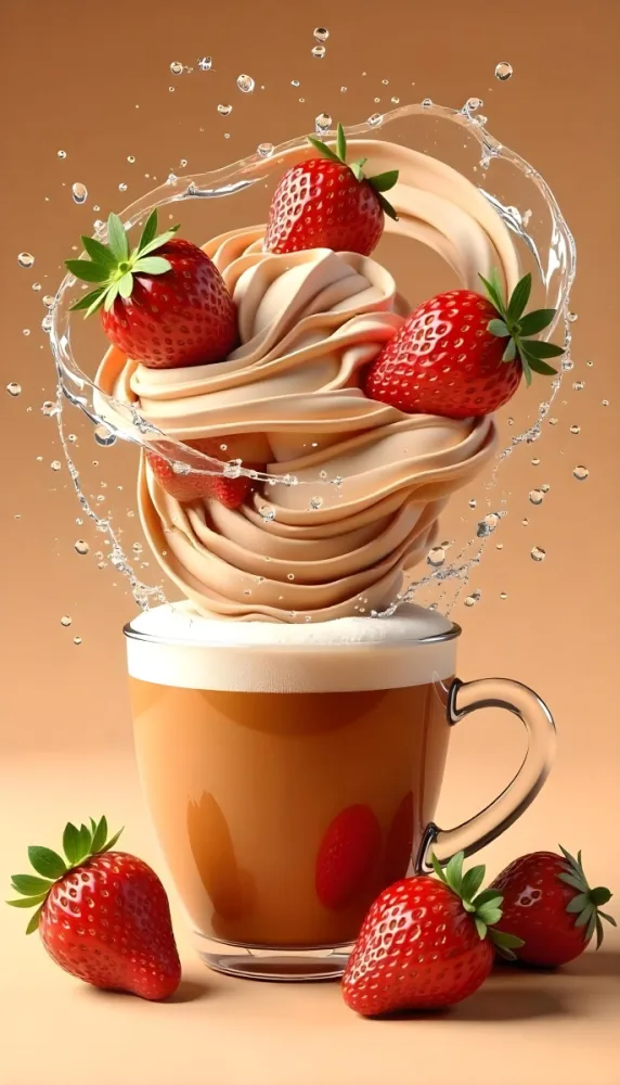 A Cup Of Water With Whipped Cream And Strawberries Water Splash Brown Background Studio Shot Food Photography High Detail Realistic Rendering Vibrant Colors Delicious Appetizing 6 4021