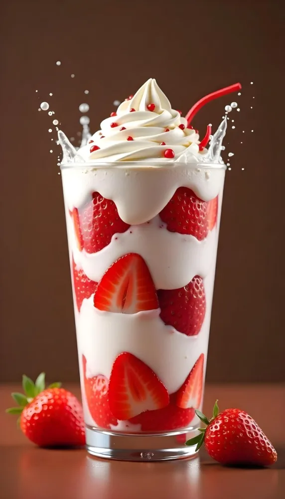 A Cup Of Water With Whipped Cream And Strawberries Water Splash Brown Background Studio Shot Food Photography High Detail Realistic Rendering Vibrant Colors Delicious Appetizing 7 3b21
