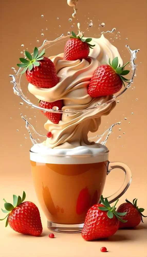 A Cup Of Water With Whipped Cream And Strawberries Water Splash Brown Background Studio Shot Food Photography High Detail Realistic Rendering Vibrant Colors Delicious Appetizing 8 C8ad