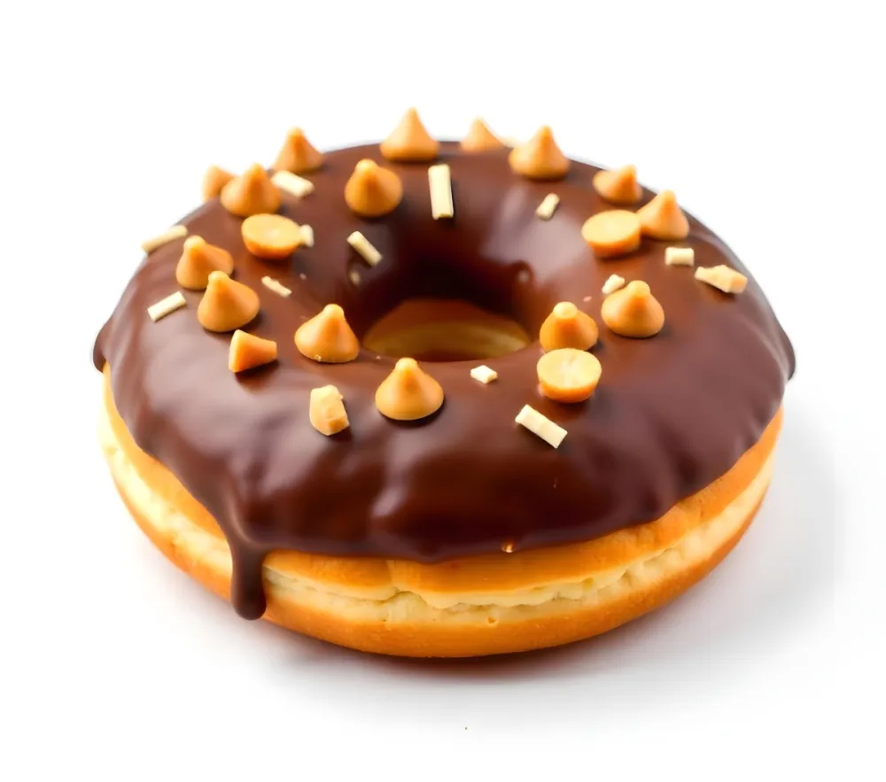 A Donut With Chocolate Frosting Peanut Butter Chips And Toffee Bits On A White Background 12 E1f8