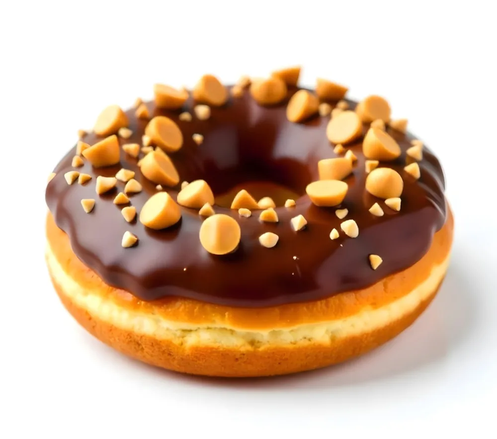 A Donut With Chocolate Frosting Peanut Butter Chips And Toffee Bits On A White Background 18 5884