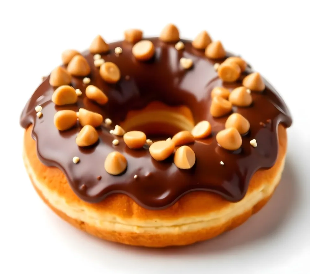 A Donut With Chocolate Frosting Peanut Butter Chips And Toffee Bits On A White Background 22 6296