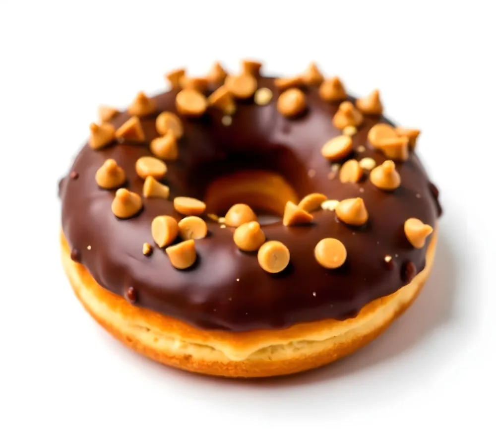 A Donut With Chocolate Frosting Peanut Butter Chips And Toffee Bits On A White Background 24 9192