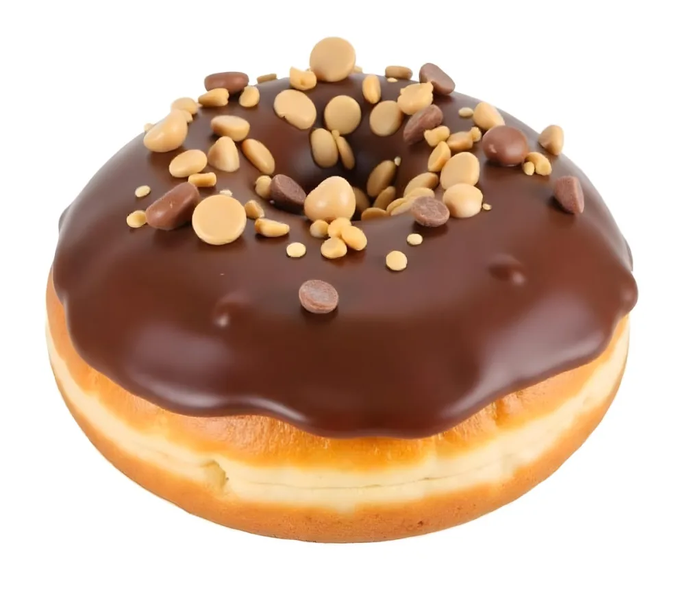 A Donut With Chocolate Frosting Peanut Butter Chips And Toffee Bits On A White Background 3 272f