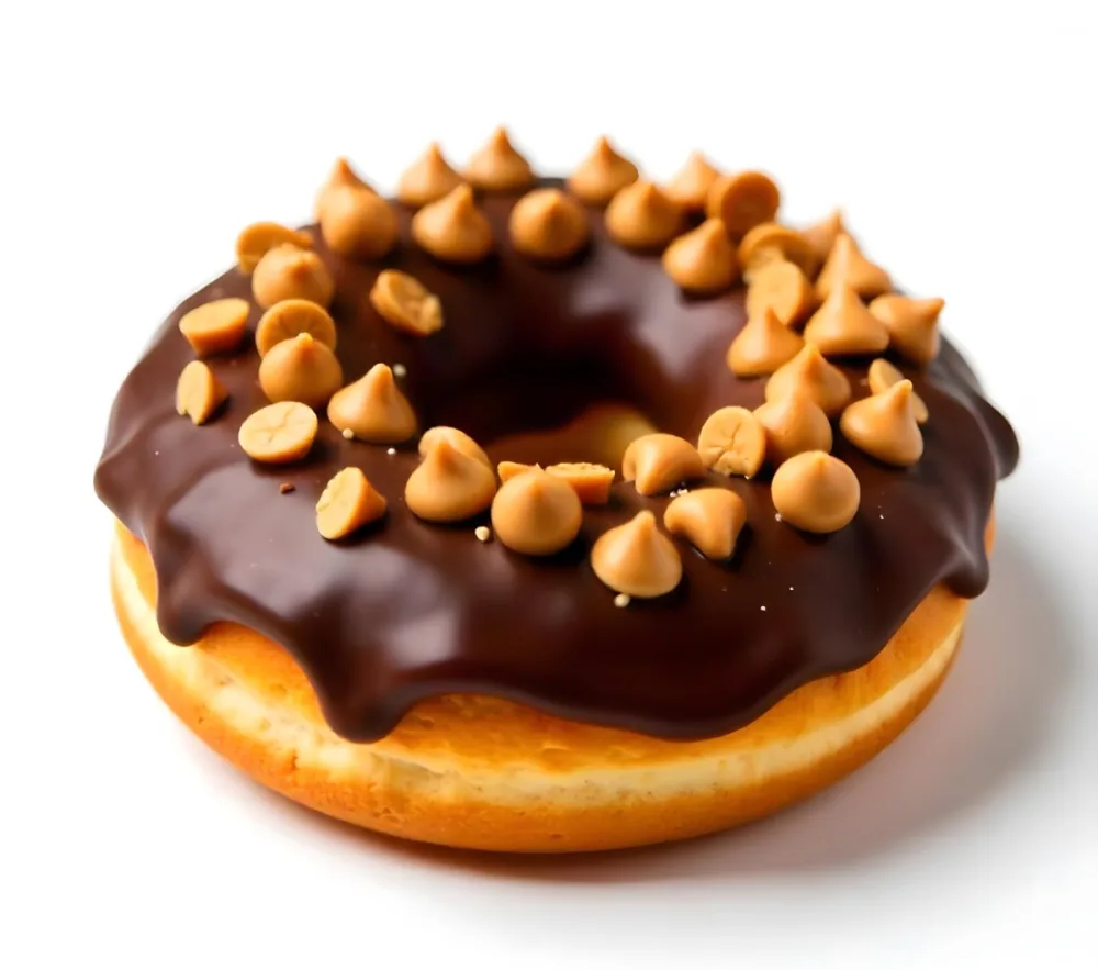 A Donut With Chocolate Frosting Peanut Butter Chips And Toffee Bits On A White Background 4 1bf7