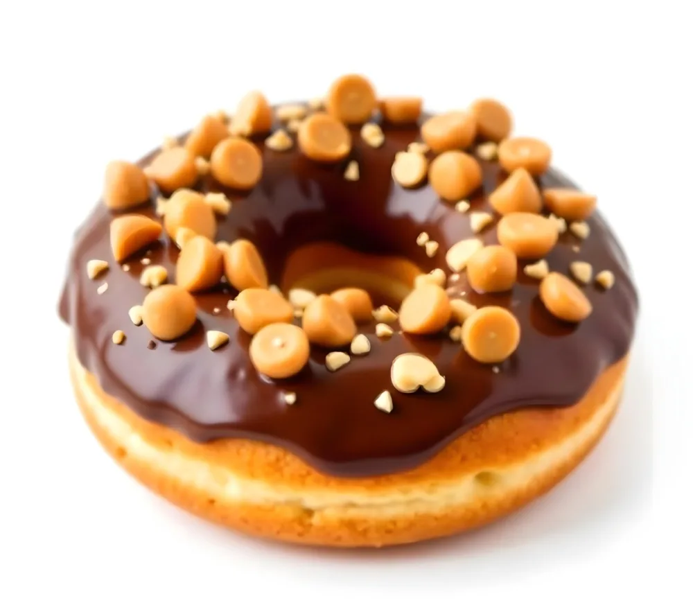 A Donut With Chocolate Frosting Peanut Butter Chips And Toffee Bits On A White Background 8 C2ff