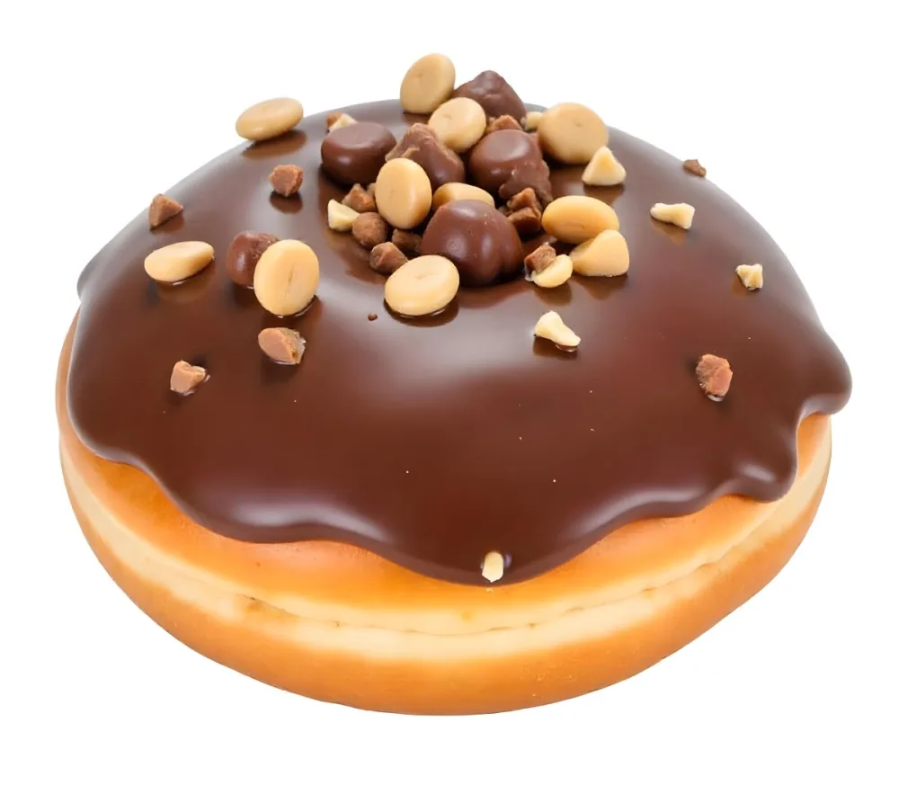 A Donut With Chocolate Frosting Peanut Butter Chips And Toffee Bits On A White Background 9 7609