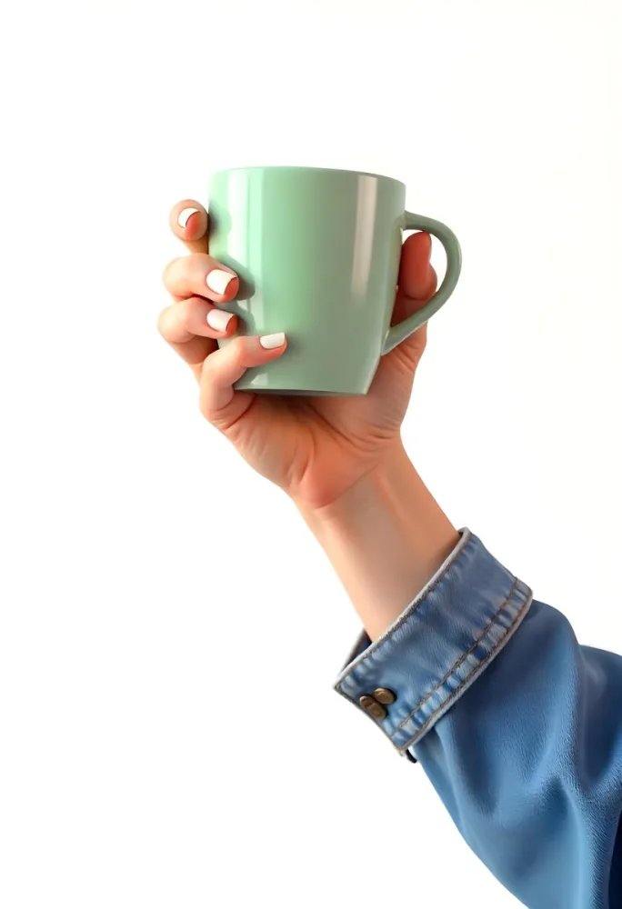 A Fair Skinned Hand Holding A Green Mug The Hand Has White Nail Polish Wearing A Denim Jacket White Background 13 Ba3e