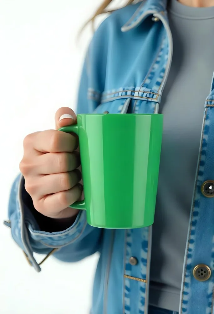 A Fair Skinned Hand Holding A Green Mug The Hand Has White Nail Polish Wearing A Denim Jacket White Background 15 804e
