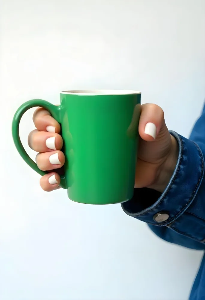 A Fair Skinned Hand Holding A Green Mug The Hand Has White Nail Polish Wearing A Denim Jacket White Background 16 Ba4a