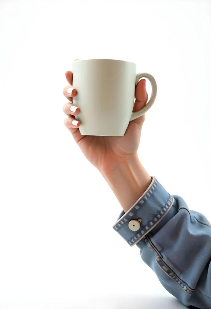A Fair Skinned Hand Holding A Green Mug The Hand Has White Nail Polish Wearing A Denim Jacket White Background 4 9bb5