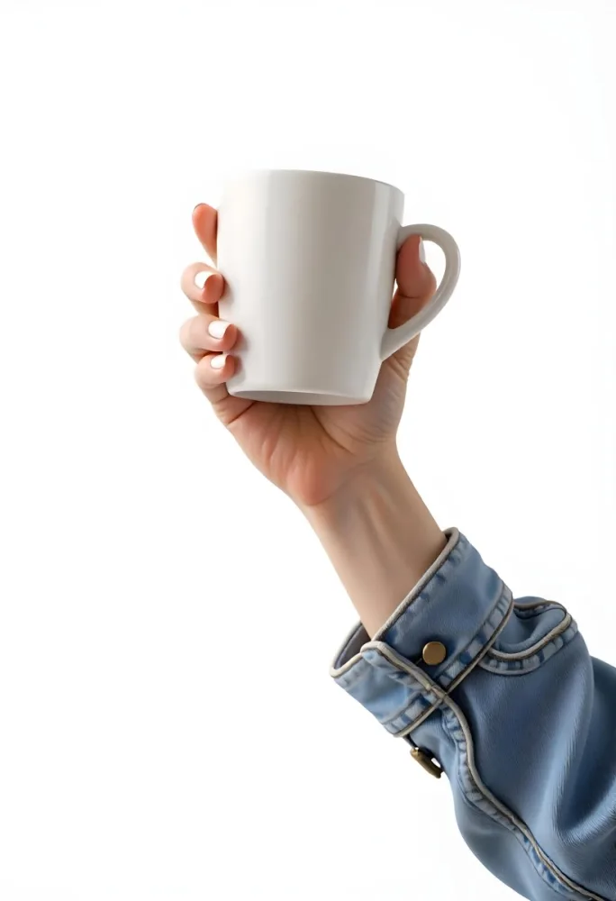 A Fair Skinned Hand Holding A Green Mug The Hand Has White Nail Polish Wearing A Denim Jacket White Background 5 Cd65