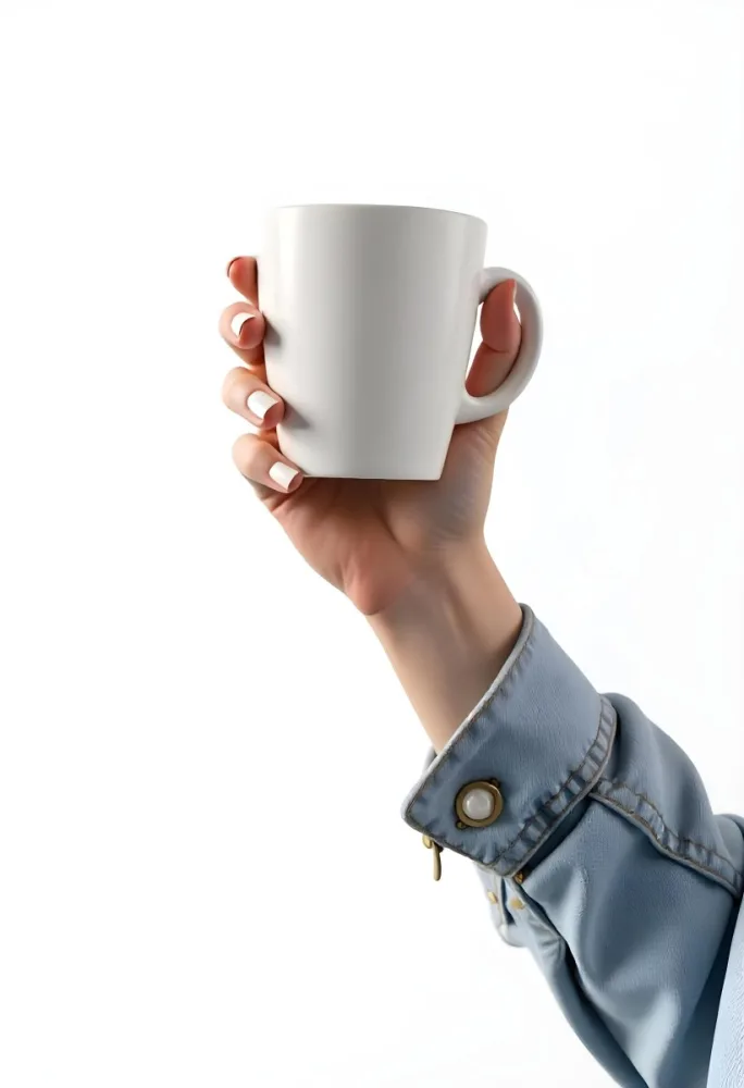 A Fair Skinned Hand Holding A Green Mug The Hand Has White Nail Polish Wearing A Denim Jacket White Background 7 486e